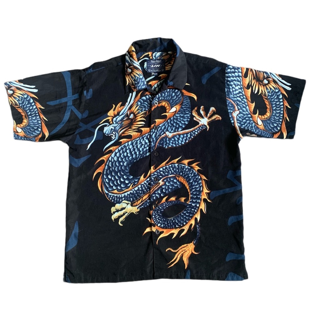 Y2K DRAGON ALL OVER PRINT BUTTON-UP SHIRT SHORT SLEEVE M UNISEX
